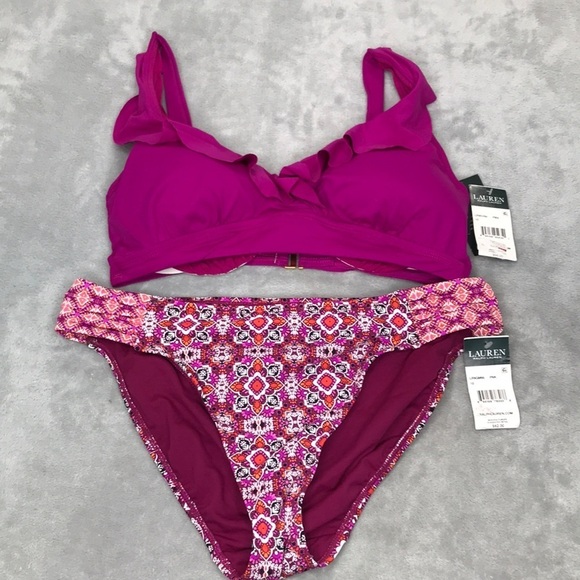Lauren Ralph Lauren Fuchsia Flutter Top Bikini Size 10 New